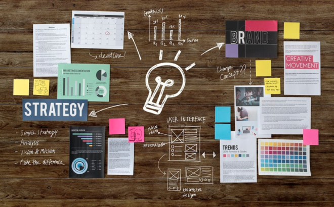 ideas and logos on a wooden table